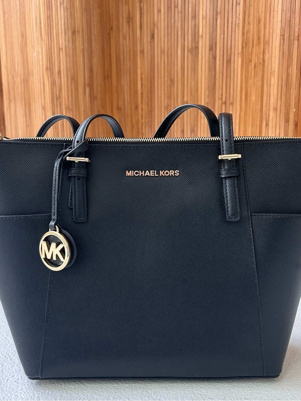 Michael Kors Black Saffiano Leather Structured Tote with Gold Hardware